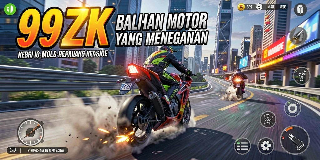 Tampilan gameplay menegangkan dari 99ZK dengan motor balap di lintasan.