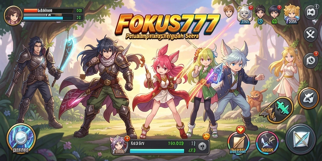 Screenshot utama FOKUS777 menampilkan aksi pertarungan karakter Anime yang seru.