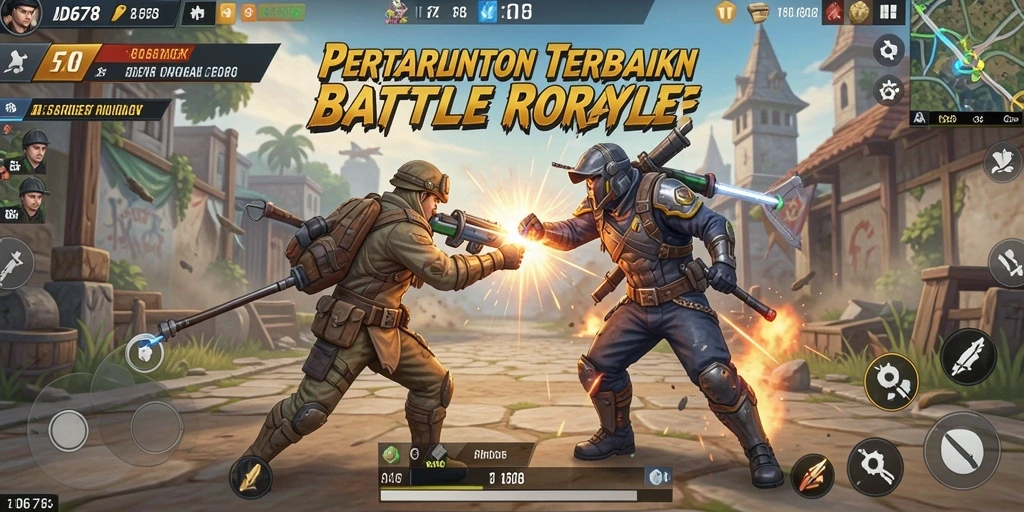Screenshot utama ID678 menampilkan aksi pertempuran seru dalam game Battle Royale.