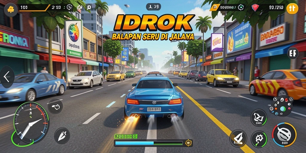 Screenshot gameplay IDROK dengan aksi balapan yang mendebarkan.