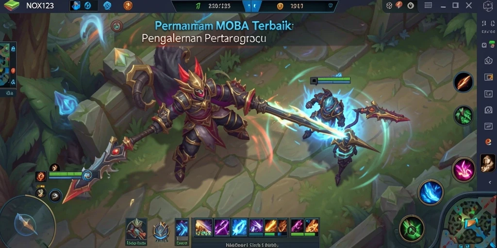 Tampilan aksi pertarungan seru di NOX123 dengan pahlawan yang beragam.