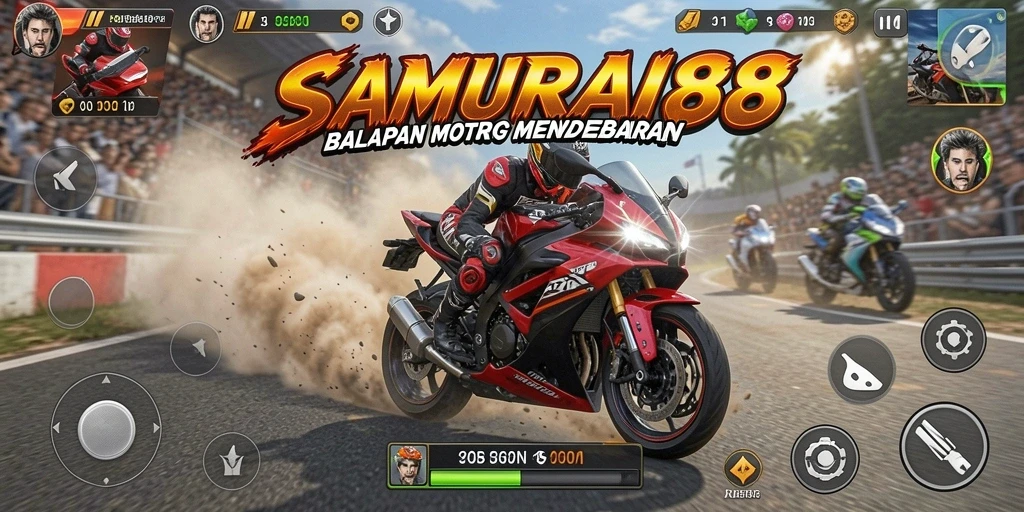 Tampilan gameplay <strong>SAMURAI88</strong> saat balapan motor yang mendebarkan.